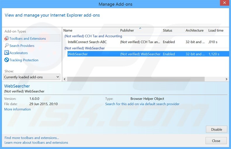 Removing WebSearcher ads from Internet Explorer step 2