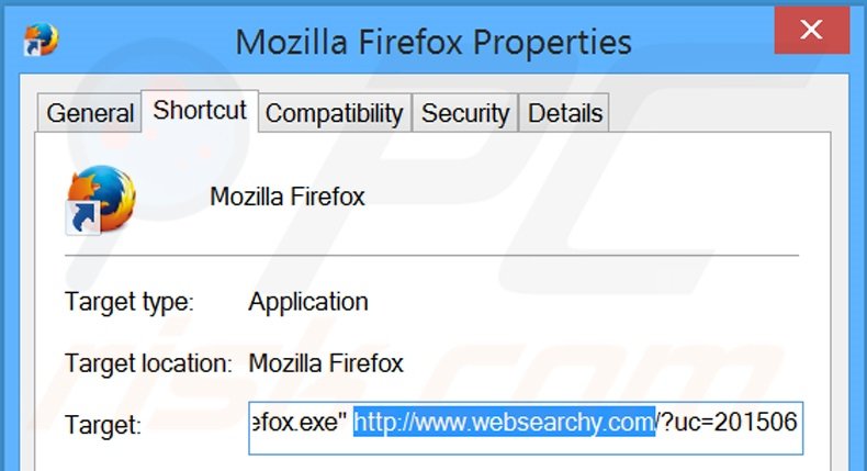 Removing websearchy.com from Mozilla Firefox shortcut target step 2