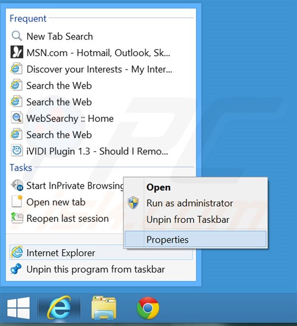 Removing websearchy.com from Internet Explorer shortcut target step 1