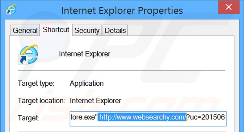 Removing websearchy.com from Internet Explorer shortcut target step 2