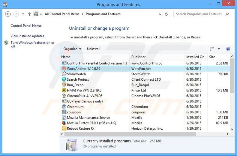 wordanchor adware uninstall via Control Panel