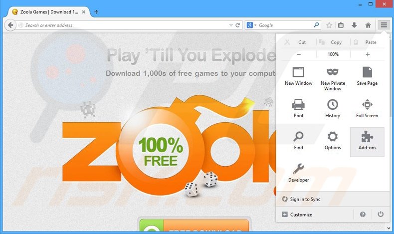Removing Zoola Games ads from Mozilla Firefox step 1
