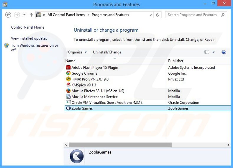 Zoola Games adware uninstall via Control Panel