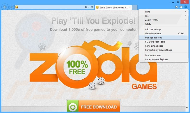 Removing Zoola Games ads from Internet Explorer step 1