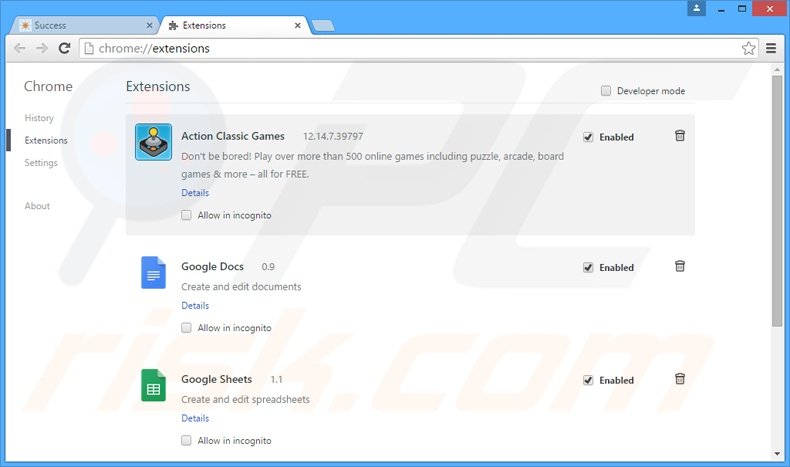 Removing Action Classic Games related Google Chrome extensions