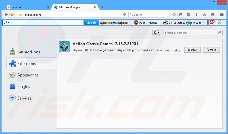 Removing Action Classic Games related Mozilla Firefox extensions