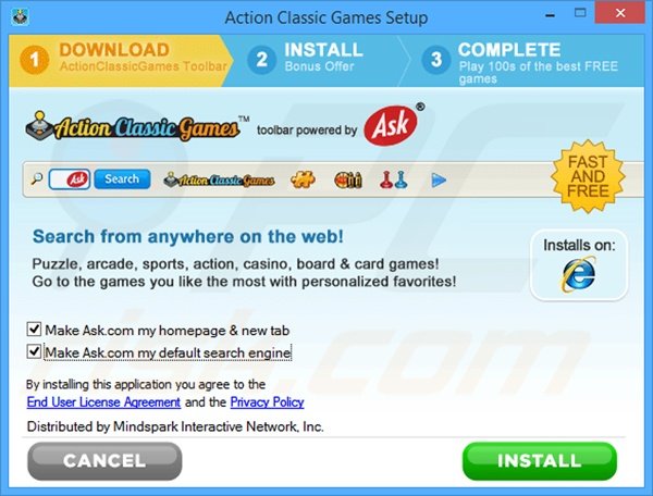 Official Action Classic Games browser hijacker installation setup