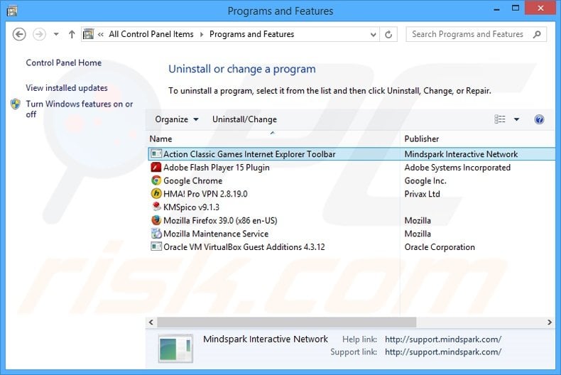 Action Classic Games browser hijacker uninstall via Control Panel