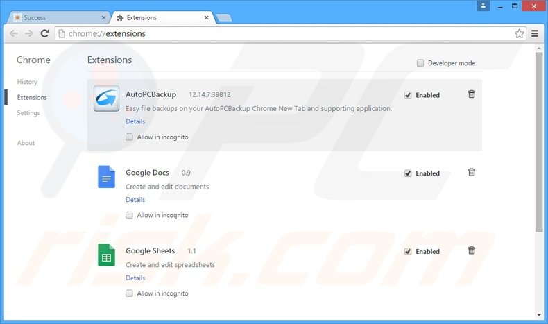 Removing AutoPCBackup related Google Chrome extensions