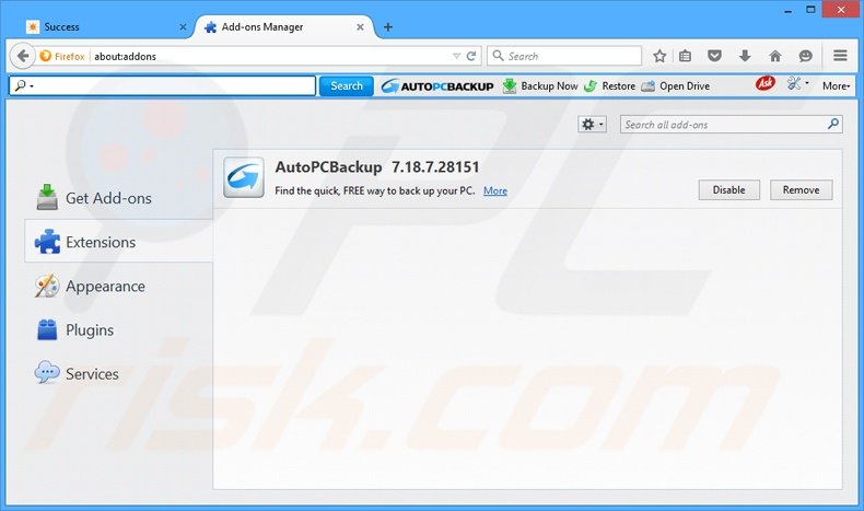 Removing AutoPCBackup related Mozilla Firefox extensions