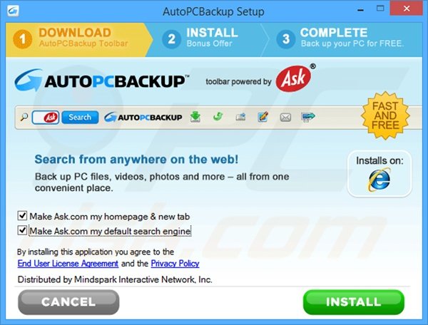 Official AutoPCBackup browser hijacker installation setup