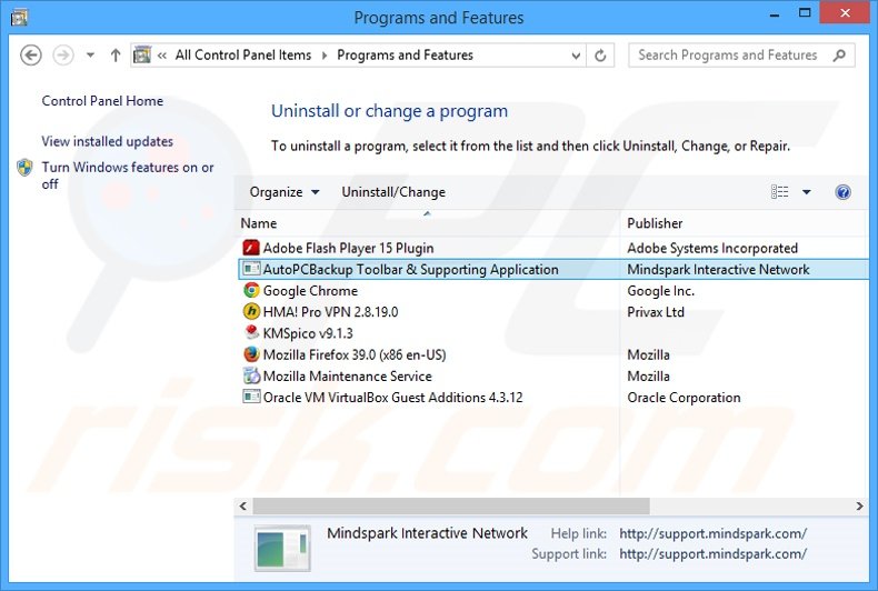 AutoPCBackup browser hijacker uninstall via Control Panel