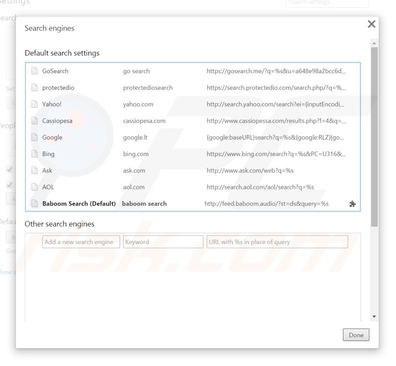 Removing baboom.audio from Google Chrome default search engine