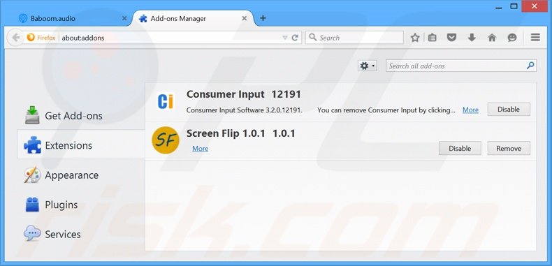 Removing baboom.audio related Mozilla Firefox extensions
