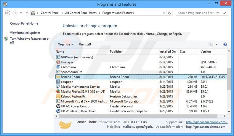 banana phone adware uninstall via Control Panel