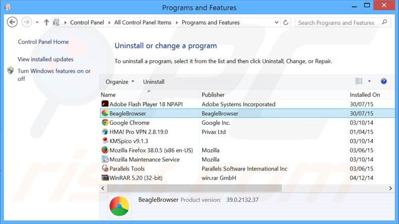 BeagleBrowser adware uninstall via Control Panel