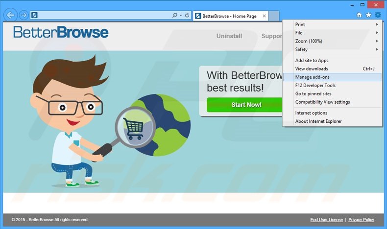 Removing BetterBrowse ads from Internet Explorer step 1