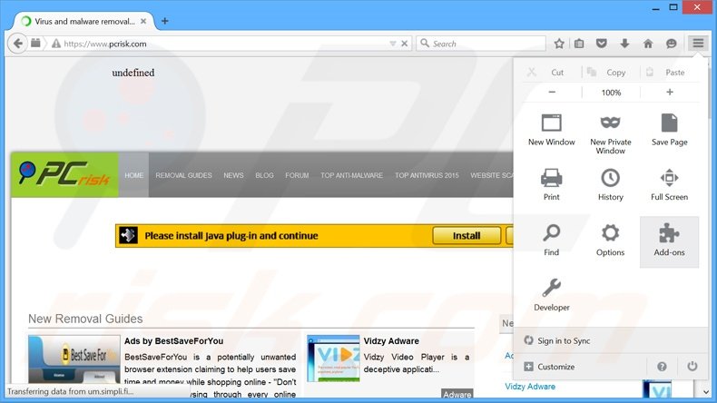 Removing BitSaver ads from Mozilla Firefox step 1