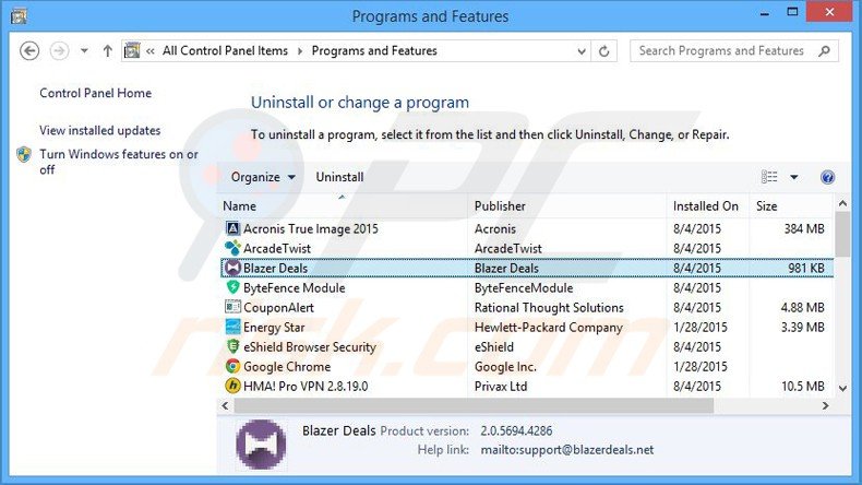 blazer deals adware uninstall via Control Panel