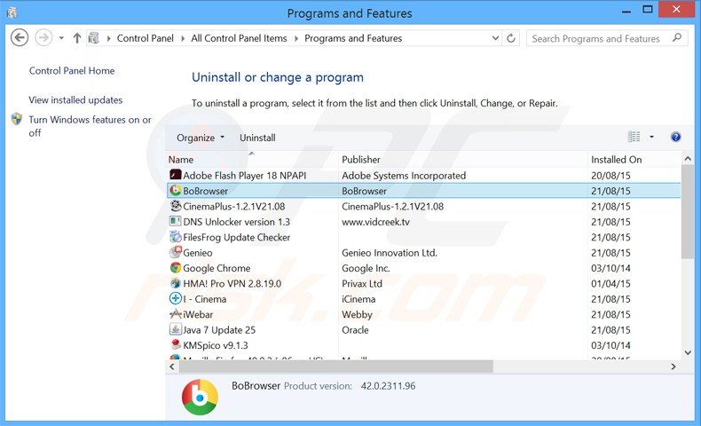 bobrowser adware uninstall via Control Panel