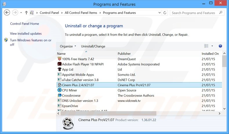 Cinem Plus adware uninstall via Control Panel