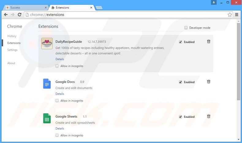 Removing DailyRecipeGuide related Google Chrome extensions