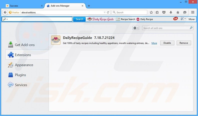 Removing DailyRecipeGuide related Mozilla Firefox extensions