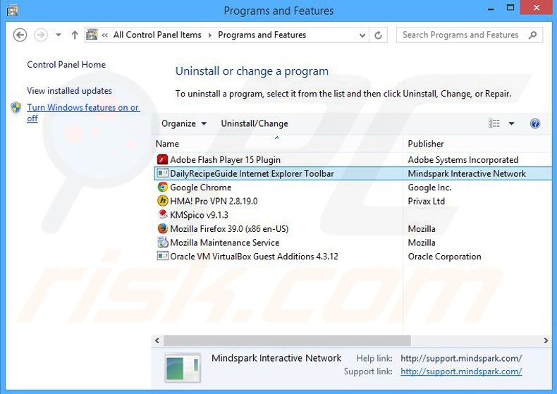DailyRecipeGuide browser hijacker uninstall via Control Panel