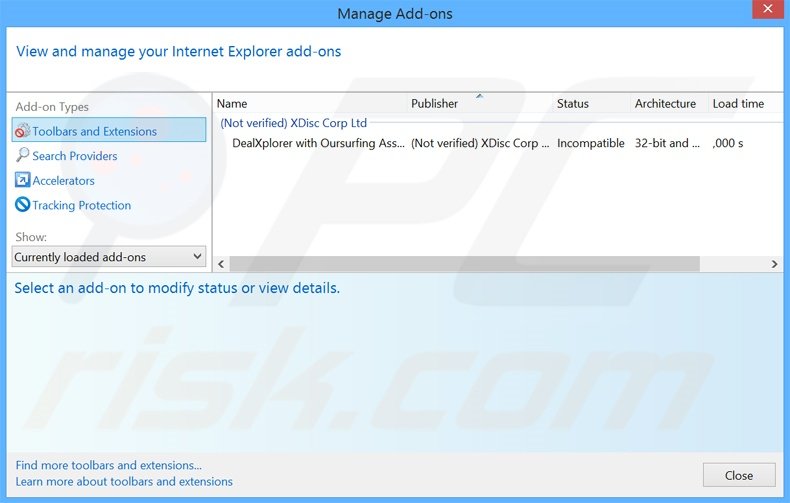 Removing DealGrabbers ads from Internet Explorer step 2