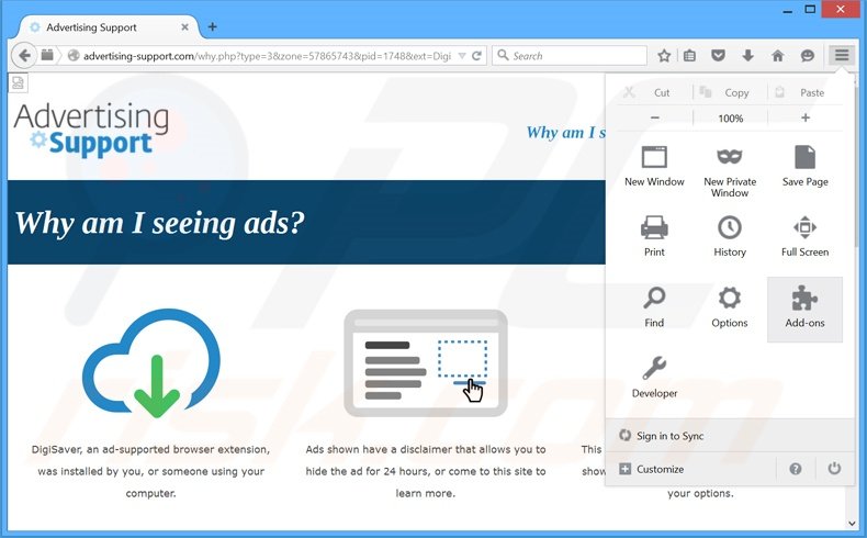 Removing DigiSaver ads from Mozilla Firefox step 1