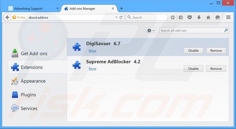Removing DigiSaver ads from Mozilla Firefox step 2
