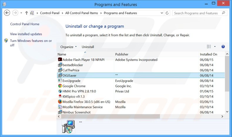 DigiSaver adware uninstall via Control Panel