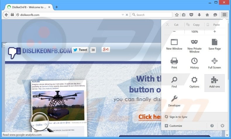 Removing DislikeOnFB ads from Mozilla Firefox step 1