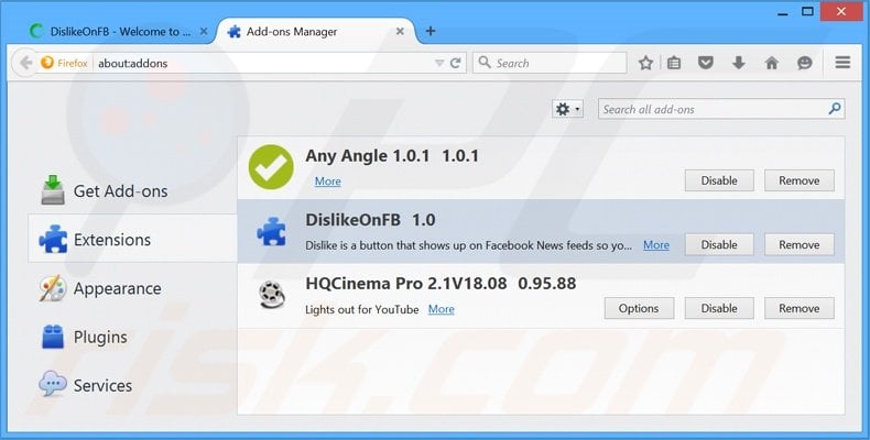 Removing DislikeOnFB ads from Mozilla Firefox step 2