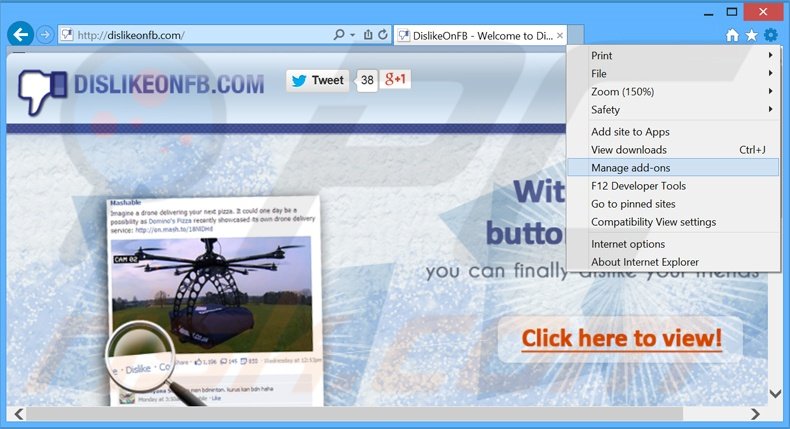 Removing DislikeOnFB ads from Internet Explorer step 1