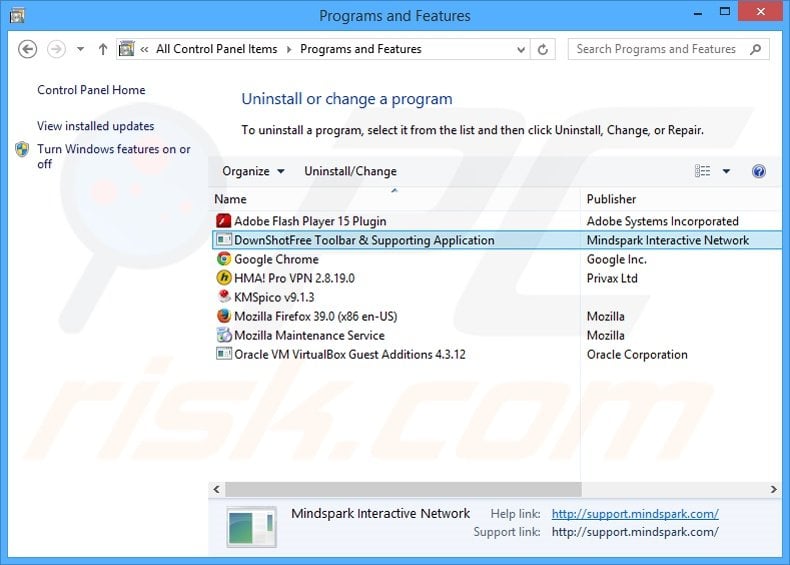 DownShotFree browser hijacker uninstall via Control Panel