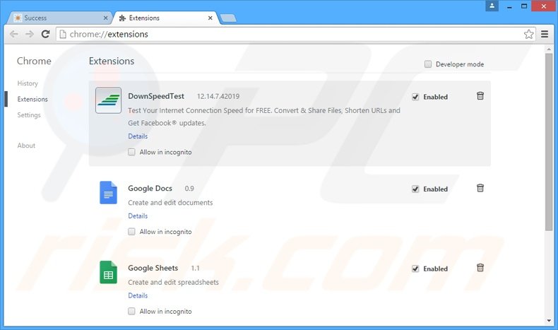Removing DownSpeedTest related Google Chrome extensions