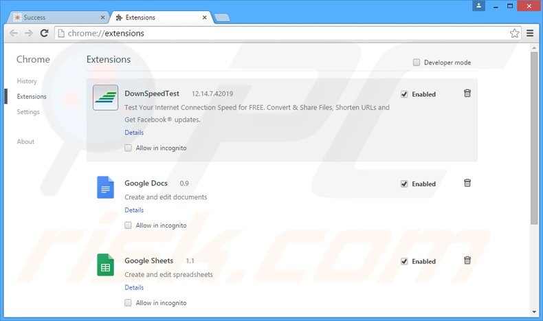 Removing DownSpeedTest related Google Chrome extensions