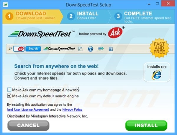 Official DownSpeedTest toolbar installation setup