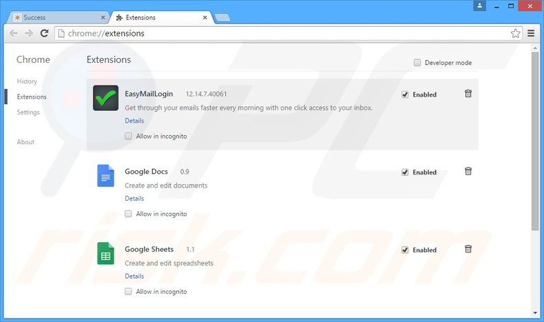 Removing EasyMailLogin related Google Chrome extensions