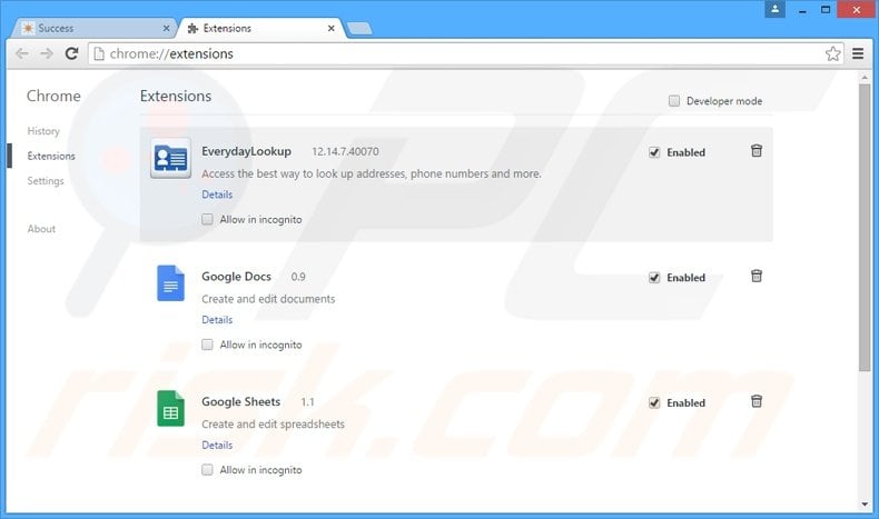 Removing EverydayLookup related Google Chrome extensions