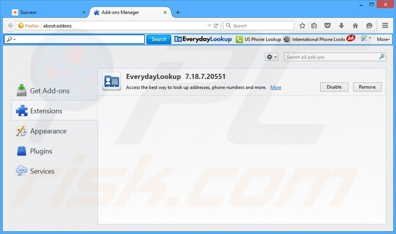 Removing EverydayLookup related Mozilla Firefox extensions