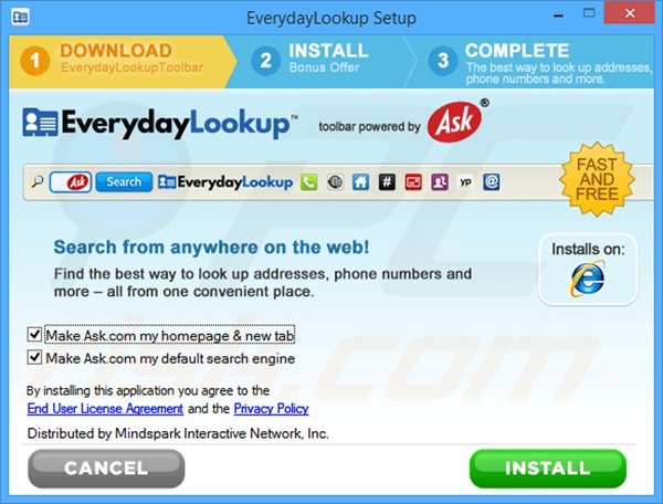 Official EverydayLookup browser hijacker installation setup