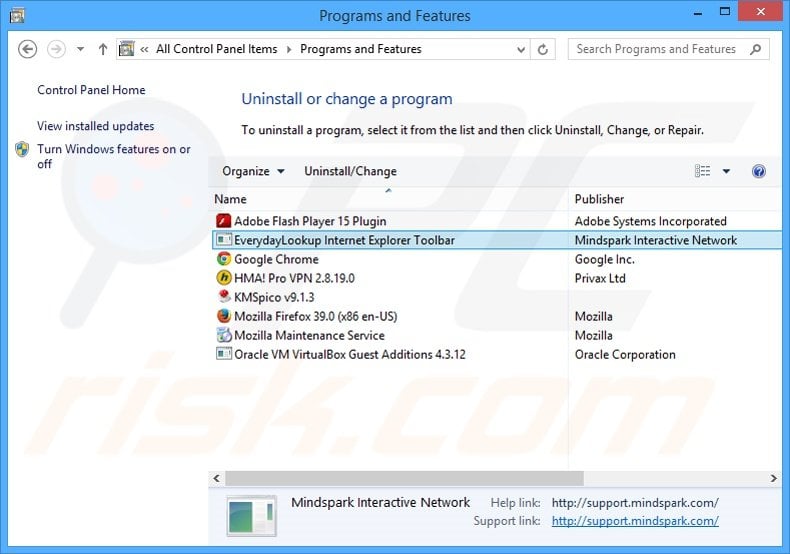 EverydayLookup browser hijacker uninstall via Control Panel