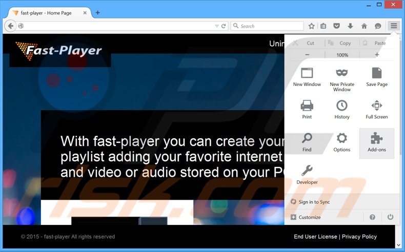 Removing FastPlayer ads from Mozilla Firefox step 1