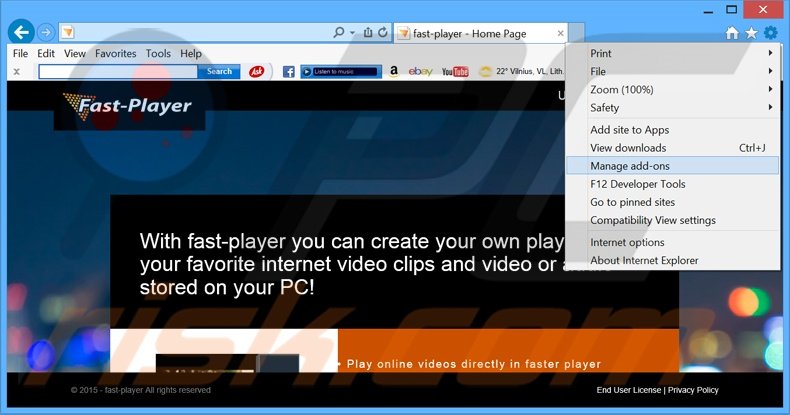 Removing FastPlayer ads from Internet Explorer step 1