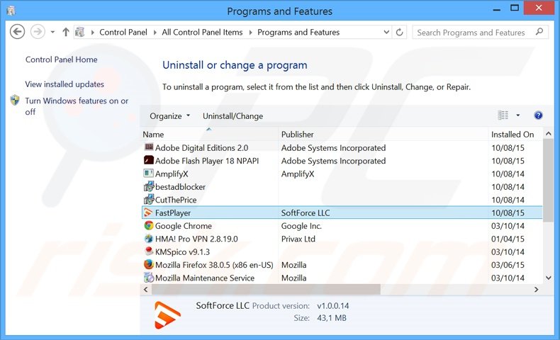 FastPlayer adware uninstall via Control Panel