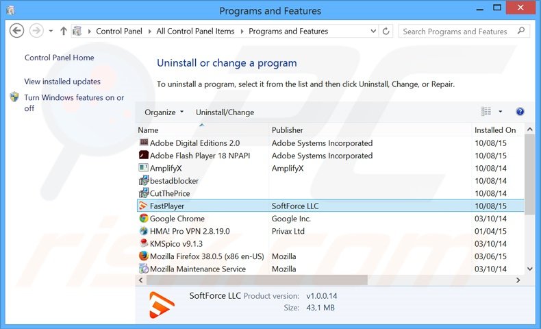FastPlayer adware uninstall via Control Panel