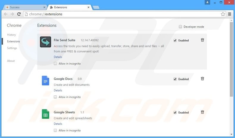 Removing File Send Suite related Google Chrome extensions