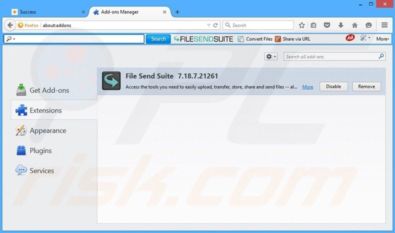 Removing File Send Suite related Mozilla Firefox extensions
